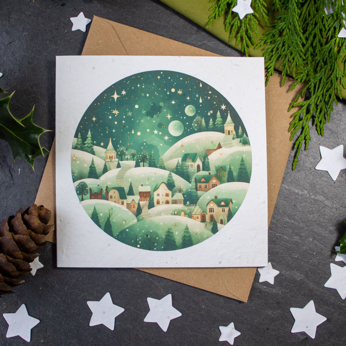 Plantable Christmas Card - Green Christmas Village